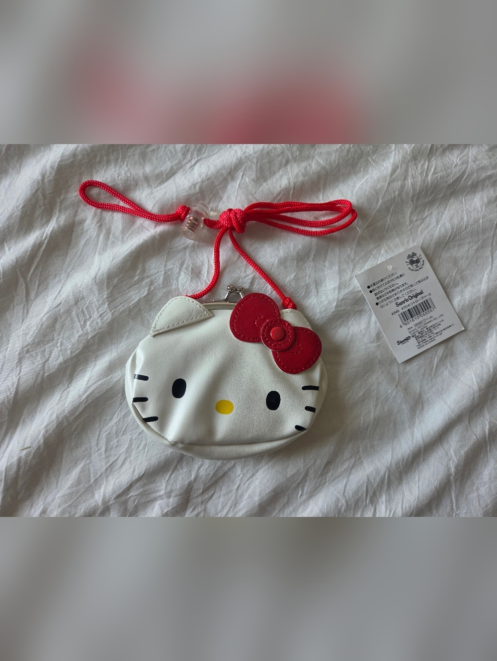 Hello Kitty White Coin Pouch with Red Bow and Red Cord Strap